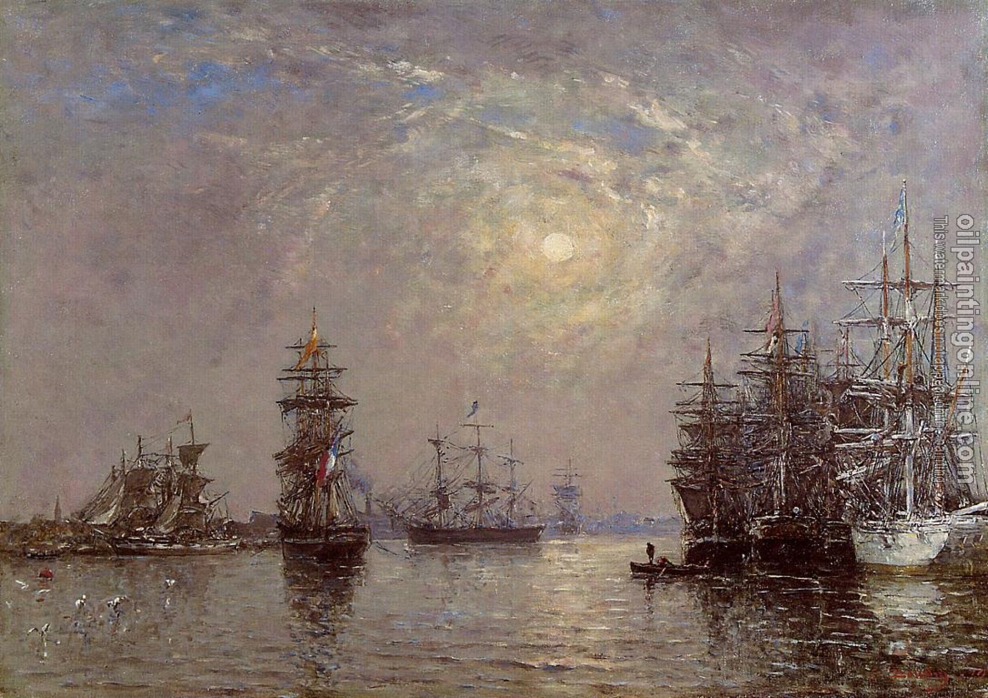 Boudin, Eugene - Le Havre, European Basin, Sailing Ships at Anchor, Sunset